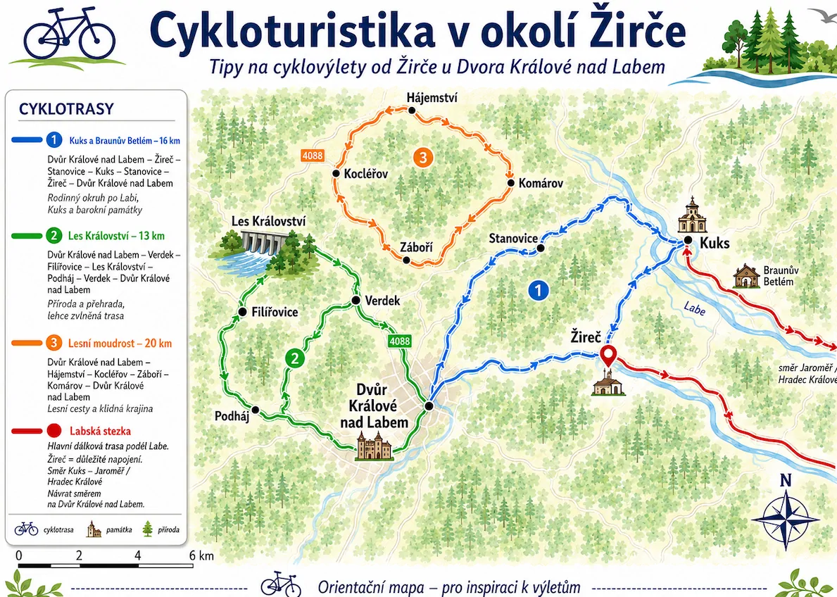 Orientační cyklomapa cyklotras v okolí Žirče a Dvora Králové nad Labem